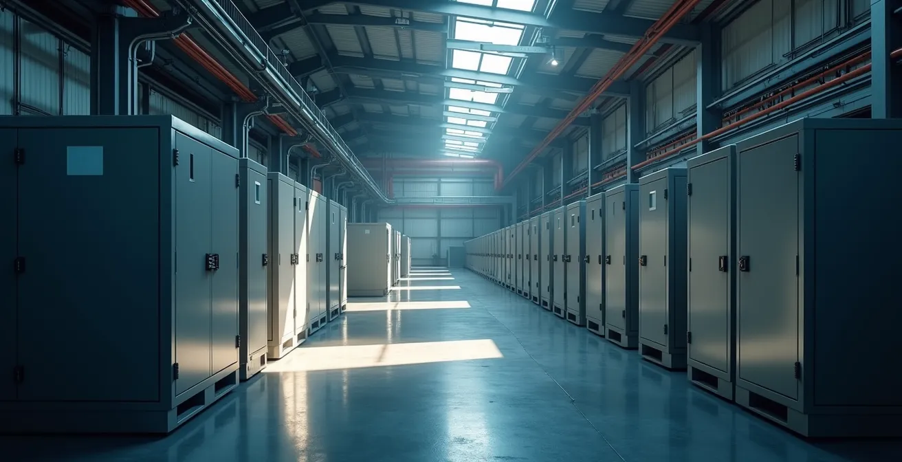 Industrieel batterijopslagsysteem in een productiehal voor peak shaving toepassingen