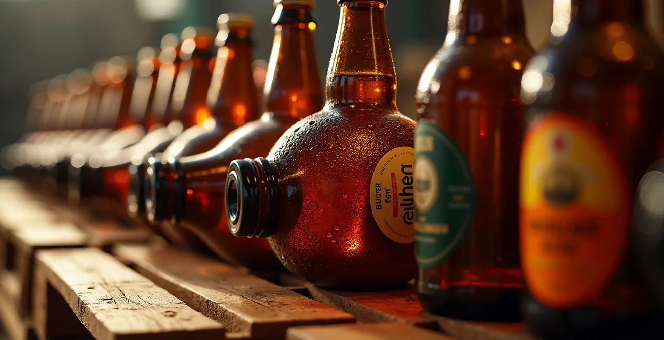 Close-up van Belgische speciaalbieren op pallets klaar voor export