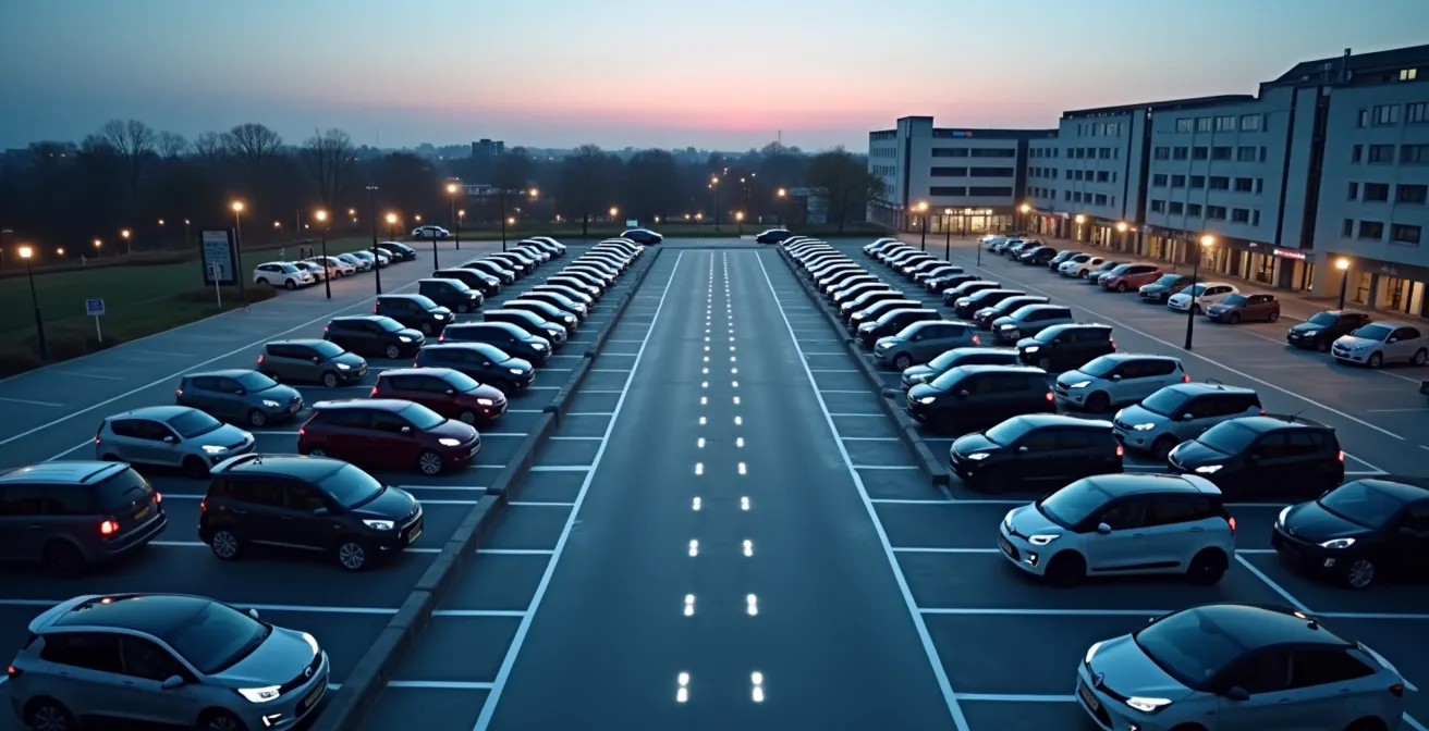 Overzicht van moderne bedrijfsparking met meerdere laadpunten en load balancing systeem