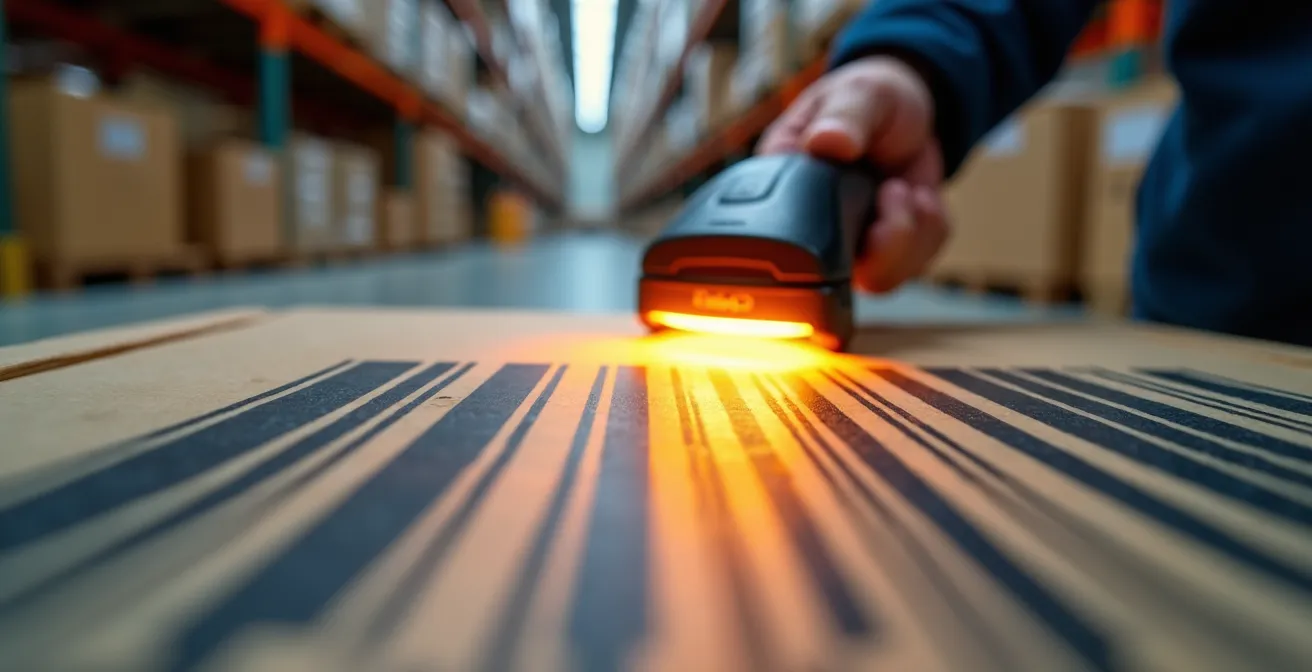 Close-up van barcodescanner in gebruik in modern magazijn