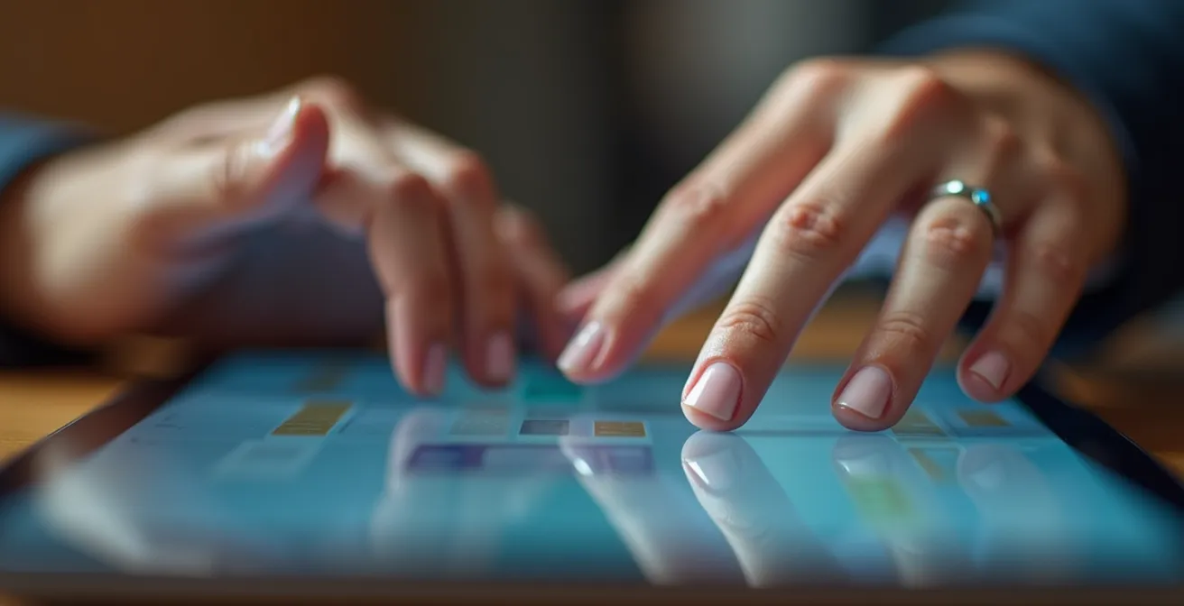 Close-up van handen die interactieve leermodules bedienen op een tablet