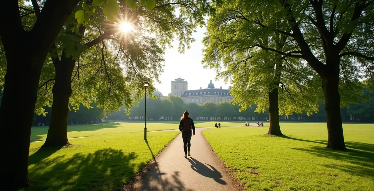 Persoon wandelt ontspannen door een groen Belgisch stadspark, een voorbeeld van actief stressmanagement.