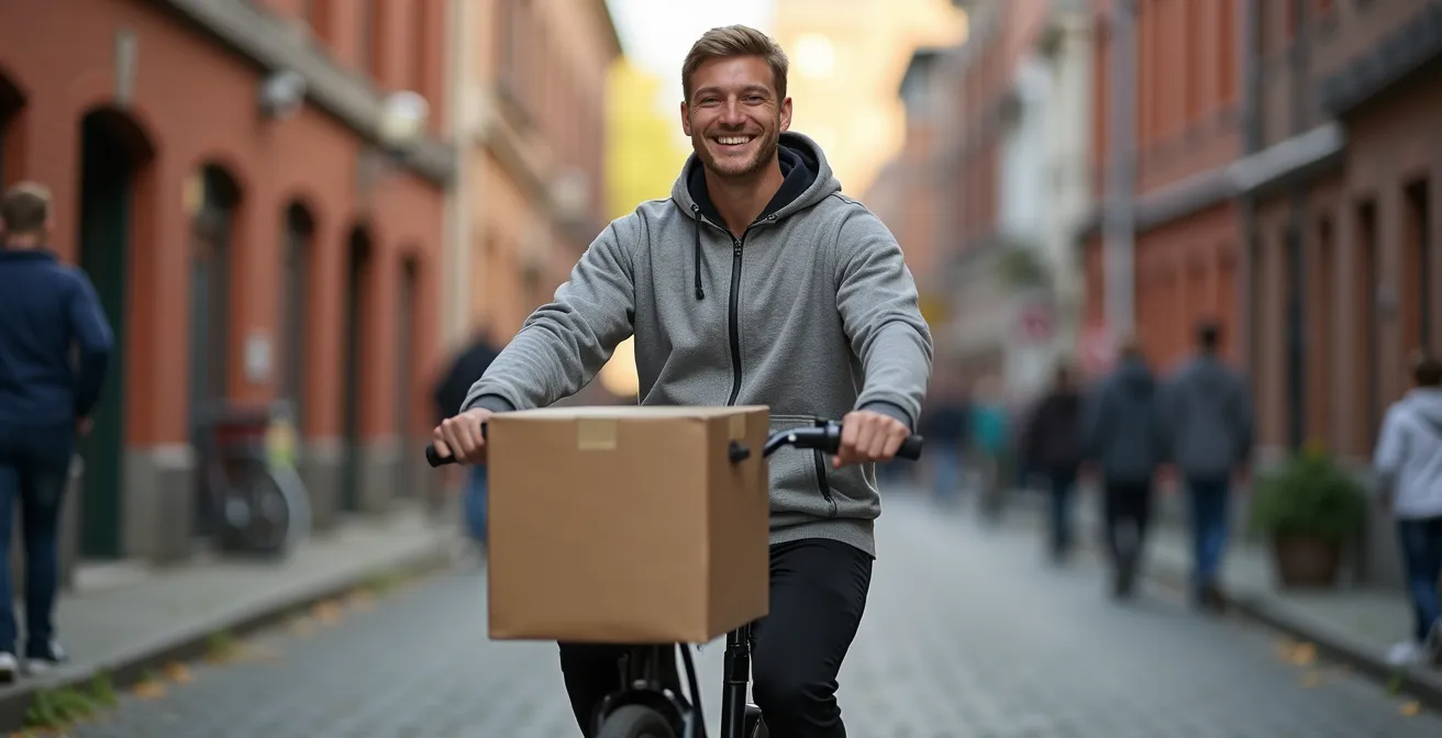 Elektrische bakfiets rijdt door een typische Antwerpse fietsstraat met rode bakstenen gevels