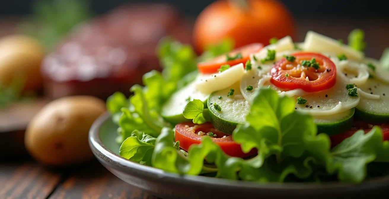 Belgisch diner met witloofsalade voorop geplaatst voor stoofvlees en frietjes, wat de maaltijdvolgorde illustreert.