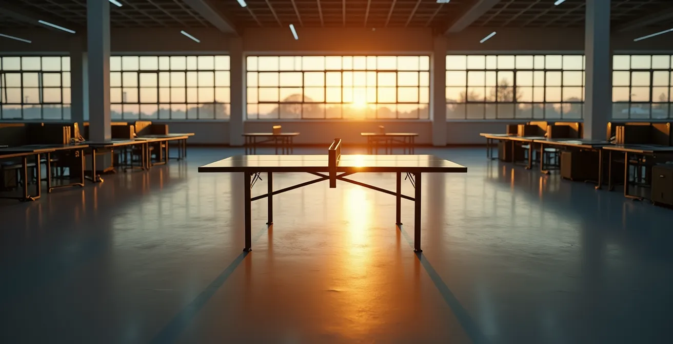 Verlaten pingpongtafel in leeg kantoor met gedimde verlichting