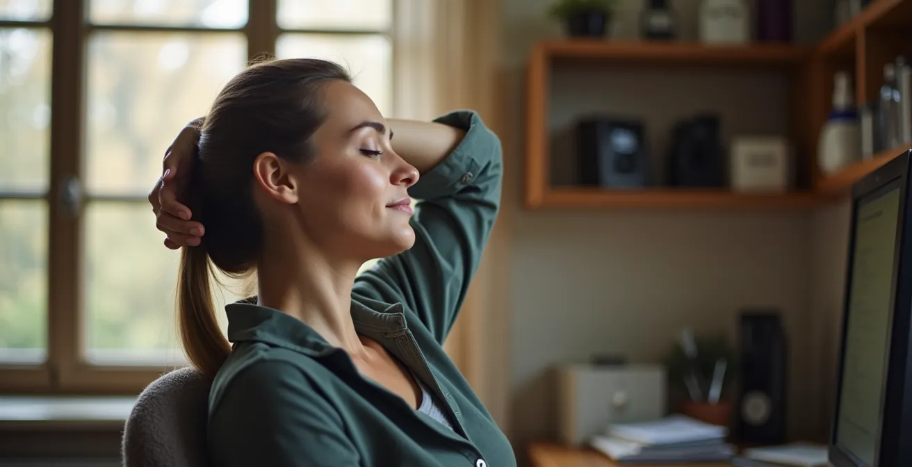 Persoon voert subtiele nekstrekoefeningen uit tijdens het werken