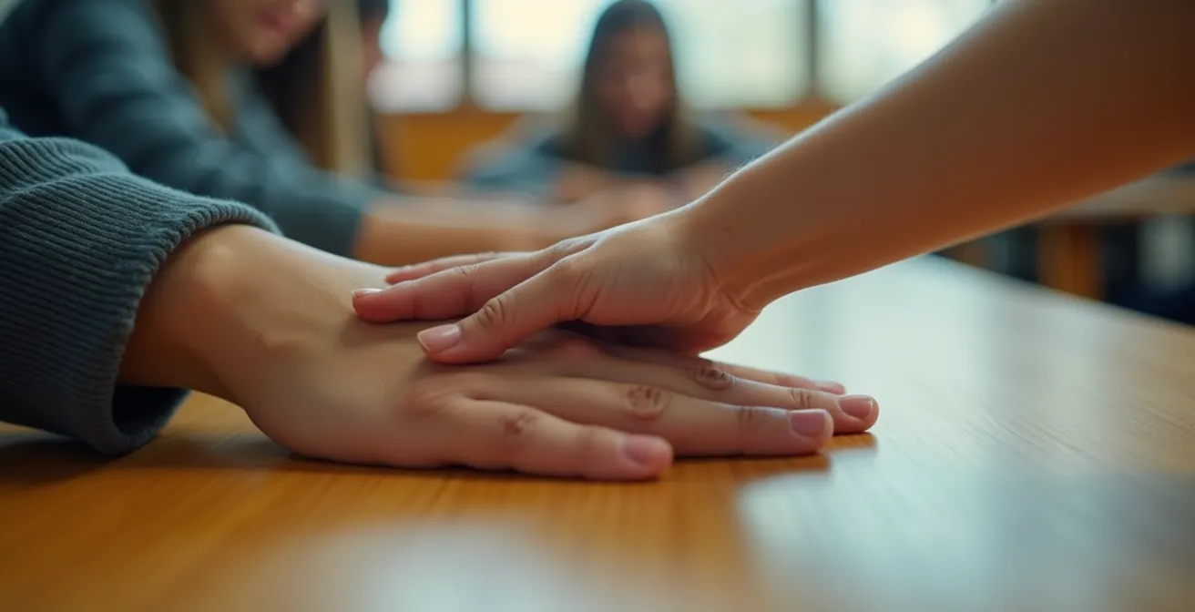 Close-up van handen die elkaar vasthouden symboliseert menselijke verbinding in onderwijs