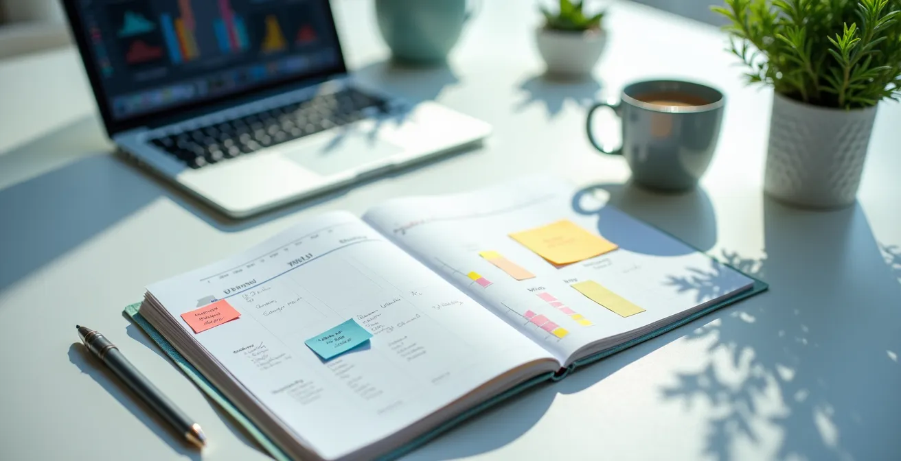 Overzichtelijke planner met weekschema voor data-analyse opleiding naast koffiekop