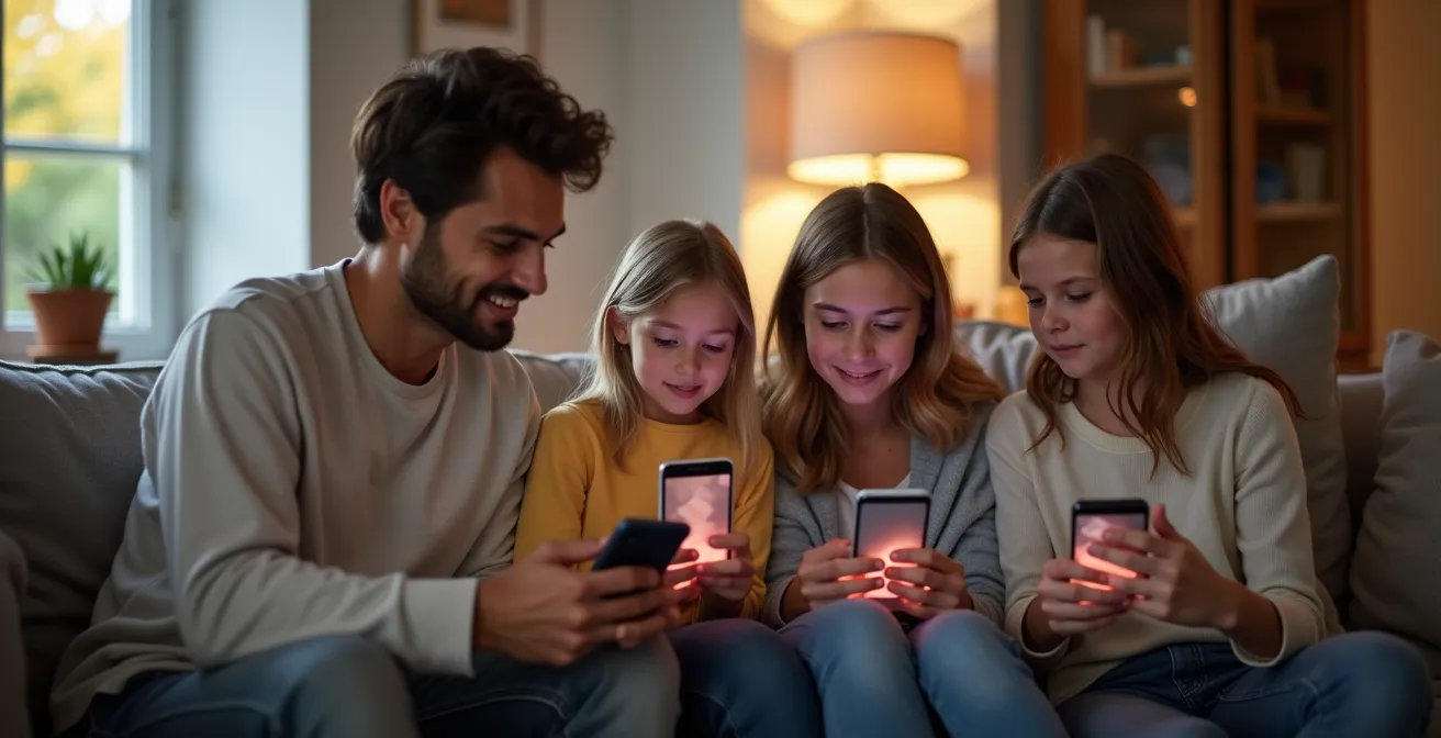 Familie met smartphones in Belgische woning, symbolische weergave locatiedetectie