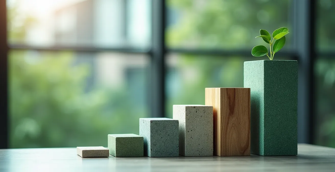 Abstracte visualisatie van beleggingsprestaties met groene en grijze elementen die een stijgende trend tonen.