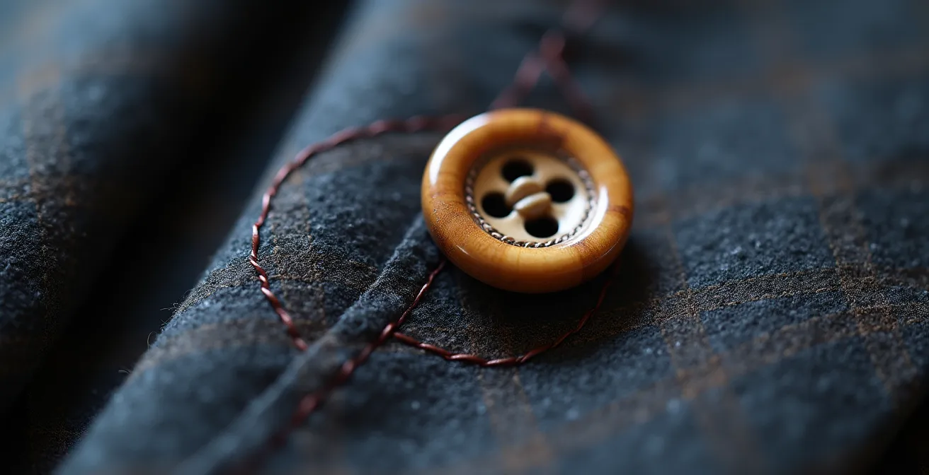 Macrobeeld van handgemaakte knoopsgaten en hoornknopen op een Belgisch maatpak