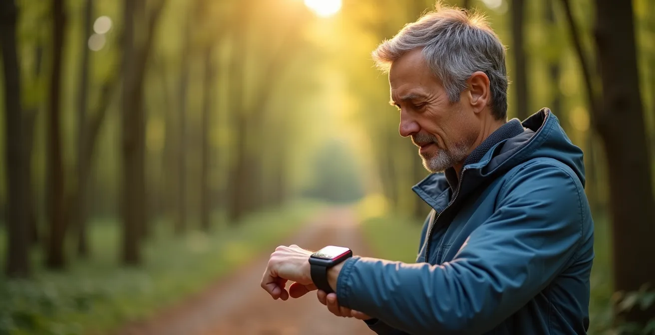 Persoon meet HRV met sporthorloge tijdens wandeling in Ardennen