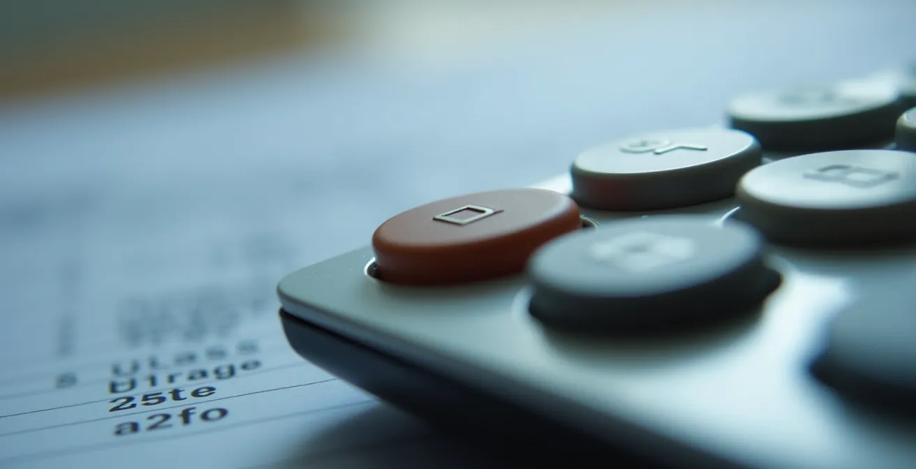 Macro-opname van calculator met cijfers en Belgische sociale zekerheidsdocumenten