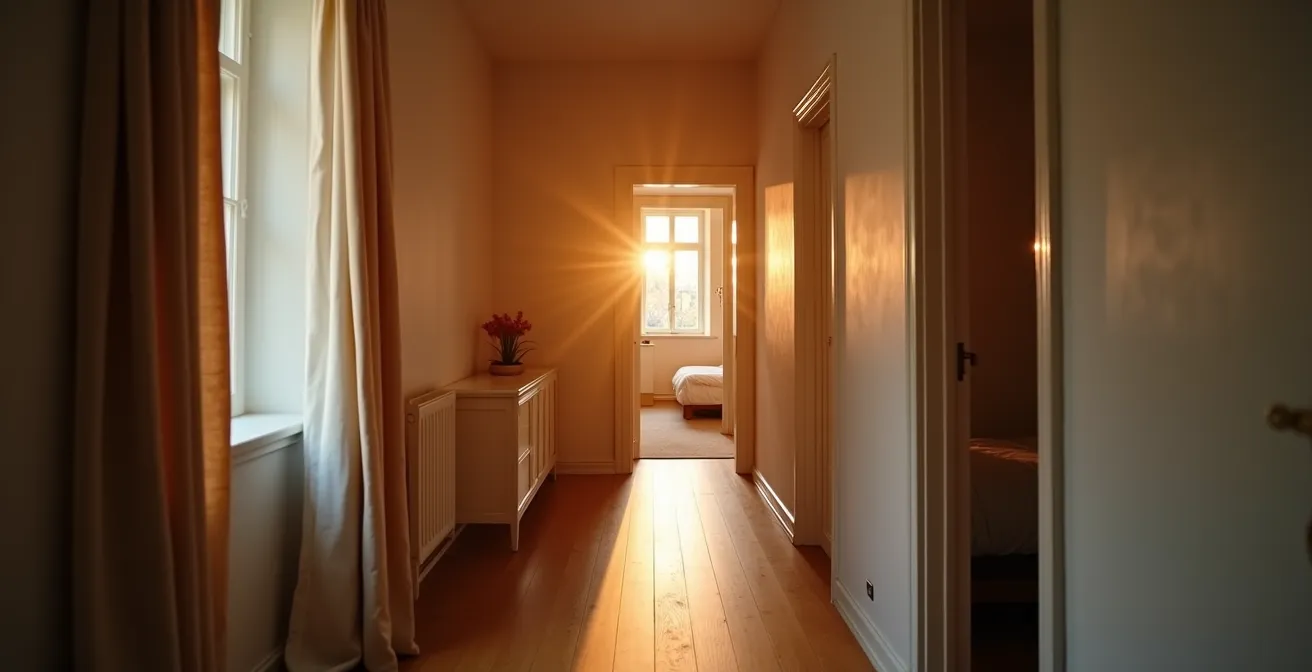 Zachte ochtendverlichting in gang en slaapkamer voor veilige mobiliteit