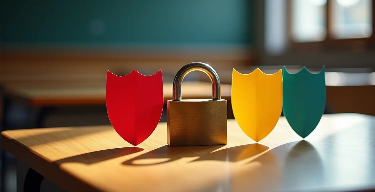 Symbolische weergave van databescherming in het Belgisch onderwijs met slot en shield metaforen