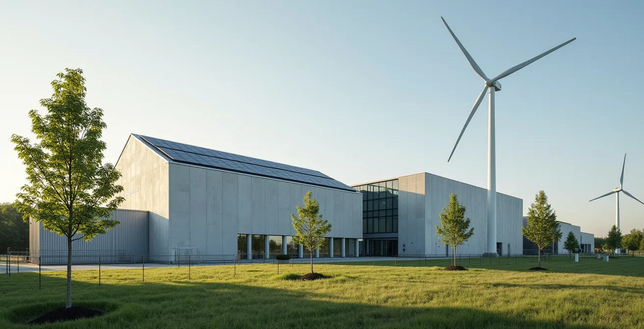 Moderne industriële installatie met zonnepanelen en windturbines die transformatie symboliseren.