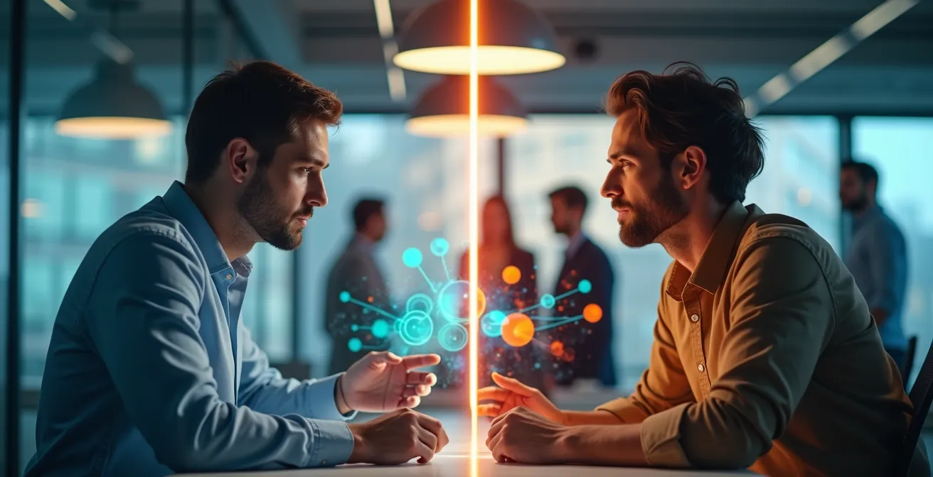 Professional analyseert emotionele signalen als data tijdens teamvergadering in Belgisch kantoor