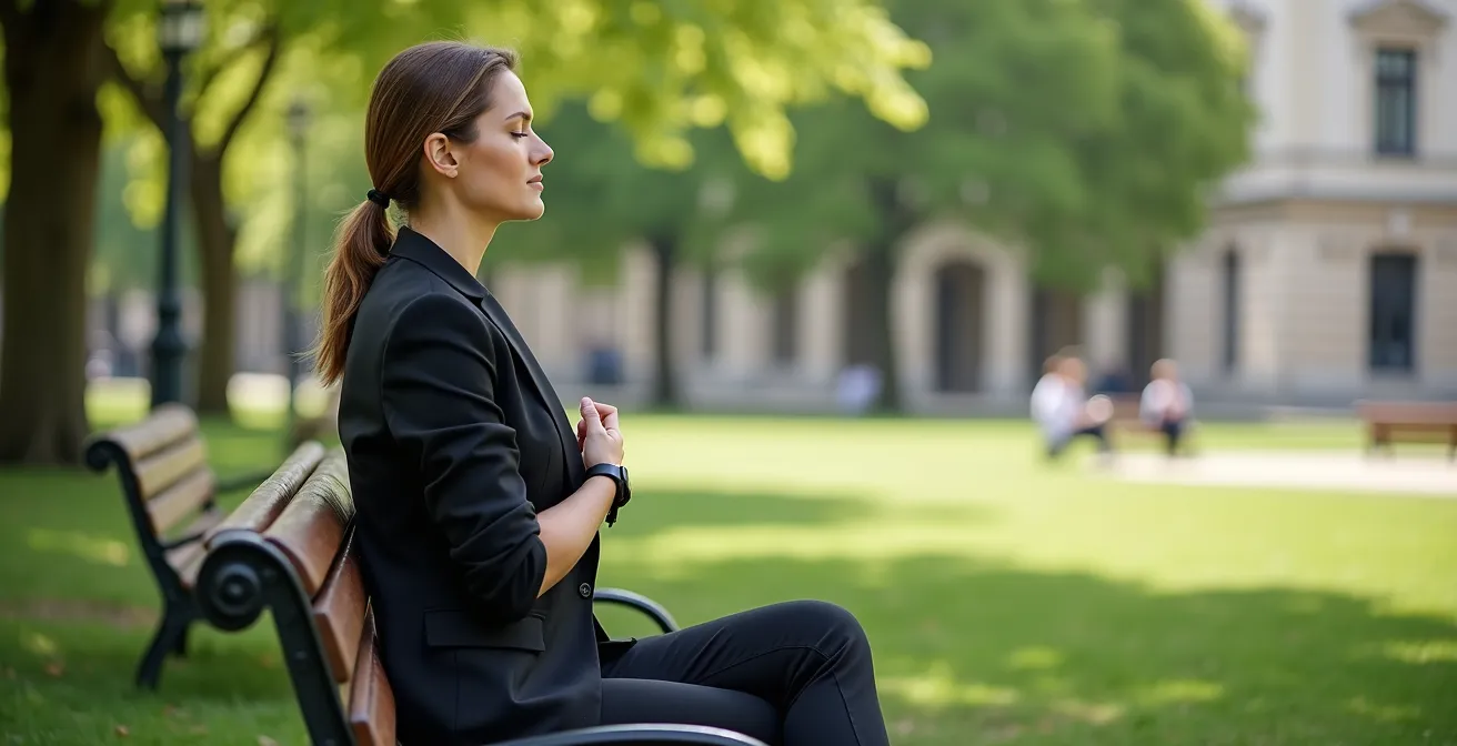 Persoon doet ademhalingsoefening in stadspark tijdens lunchpauze