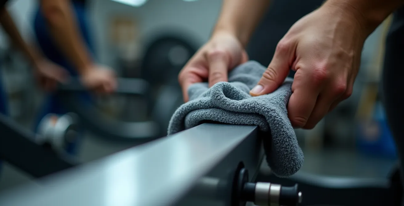 Close-up van roeitrainer rail en wieltjes tijdens onderhoud