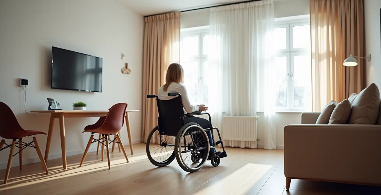 Wijde opname van aangepaste woonruimte met slimme apparaten voor toegankelijkheid