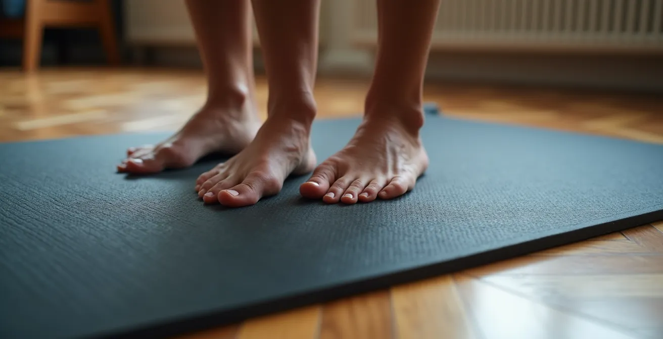 Persoon doet geluidsarme HIIT-oefeningen in typisch Belgisch appartement