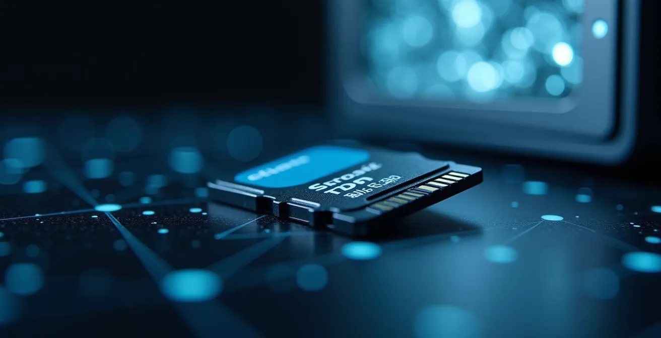 Close-up van SD-kaart, NVR-server en cloud-symbool voor camera-opslag