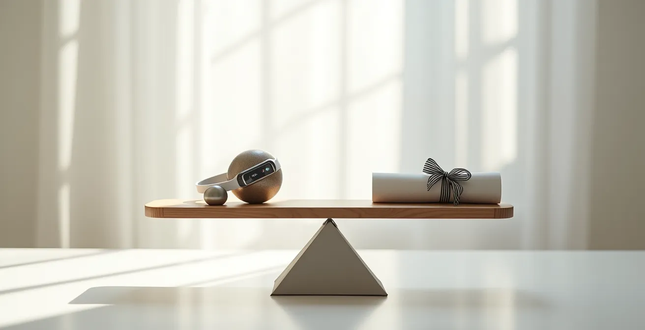 Een balans met aan de ene kant een stappenteller en aan de andere kant een verzekeringspolis, wat het dilemma tussen data delen en korting krijgen symboliseert.