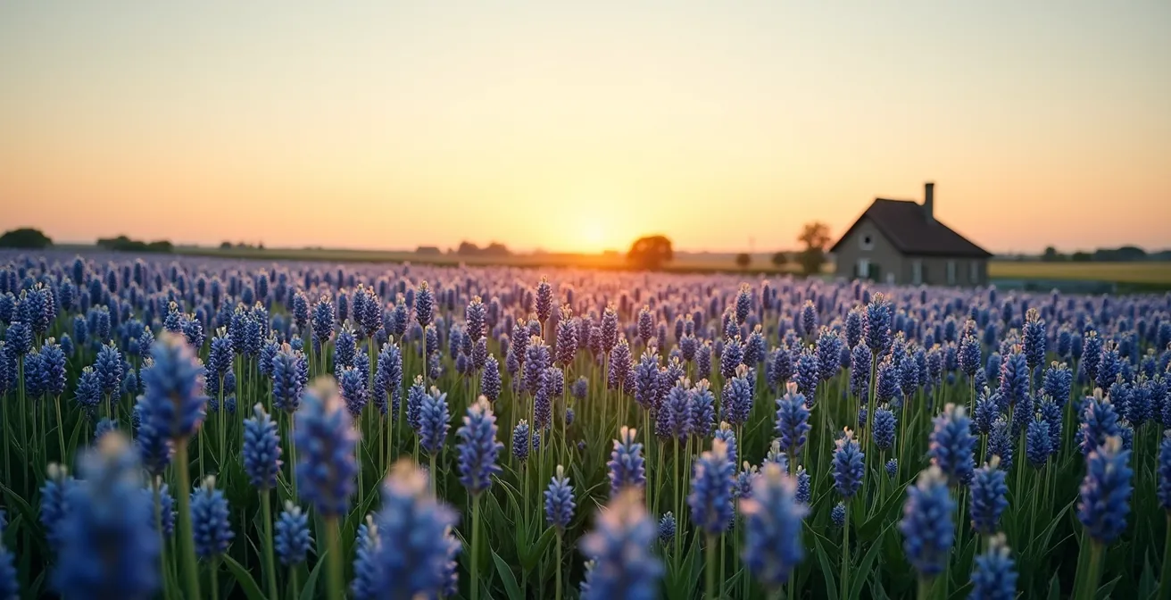 Uitgestrekte vlasvelden in West-Vlaanderen onder natuurlijk zonlicht