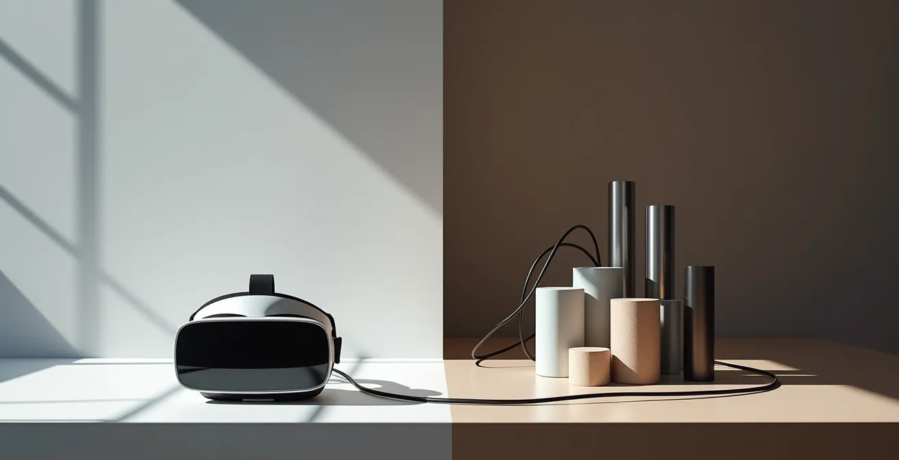 Moderne Belgische woonkamer met VR-opstelling toont verschil tussen standalone en PC-setup