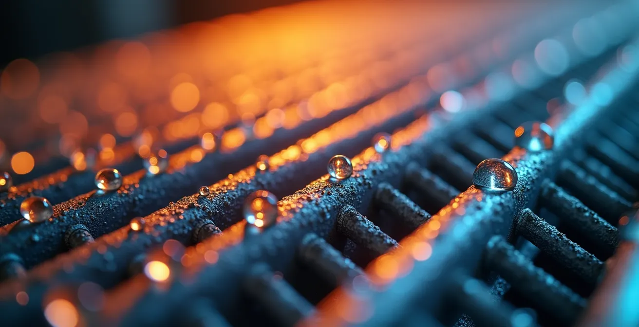 Macro-opname van warmtewisselaar componenten met waterdruppels